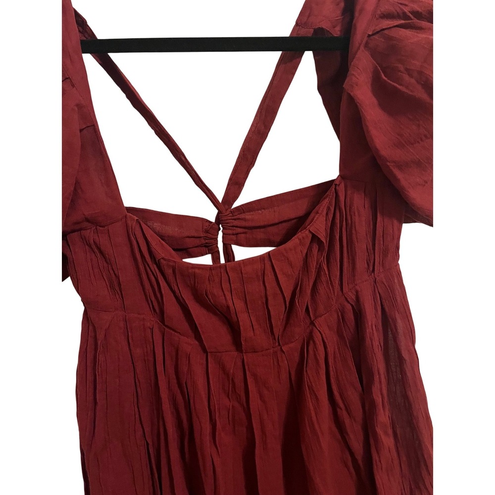 Free People Wine Red Babydoll Mini Dress Puff Sleeve Open Back L NWT 100% Cotton - Picture 3 of 10